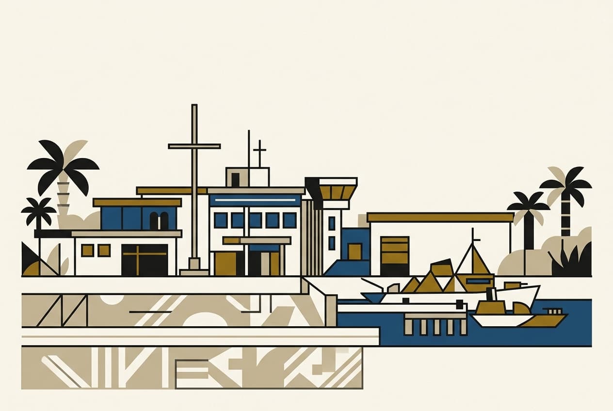 Illustration plate : Façade moderne d'un bâtiment militaire, avec des éléments architecturaux symbolisant la marine, sous un ciel clair de Libreville.