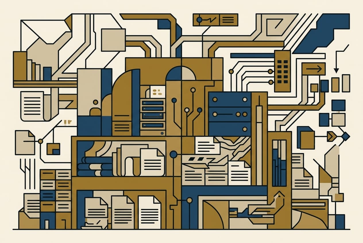 Flat illustration of a building, digital infrastructure, and documents.