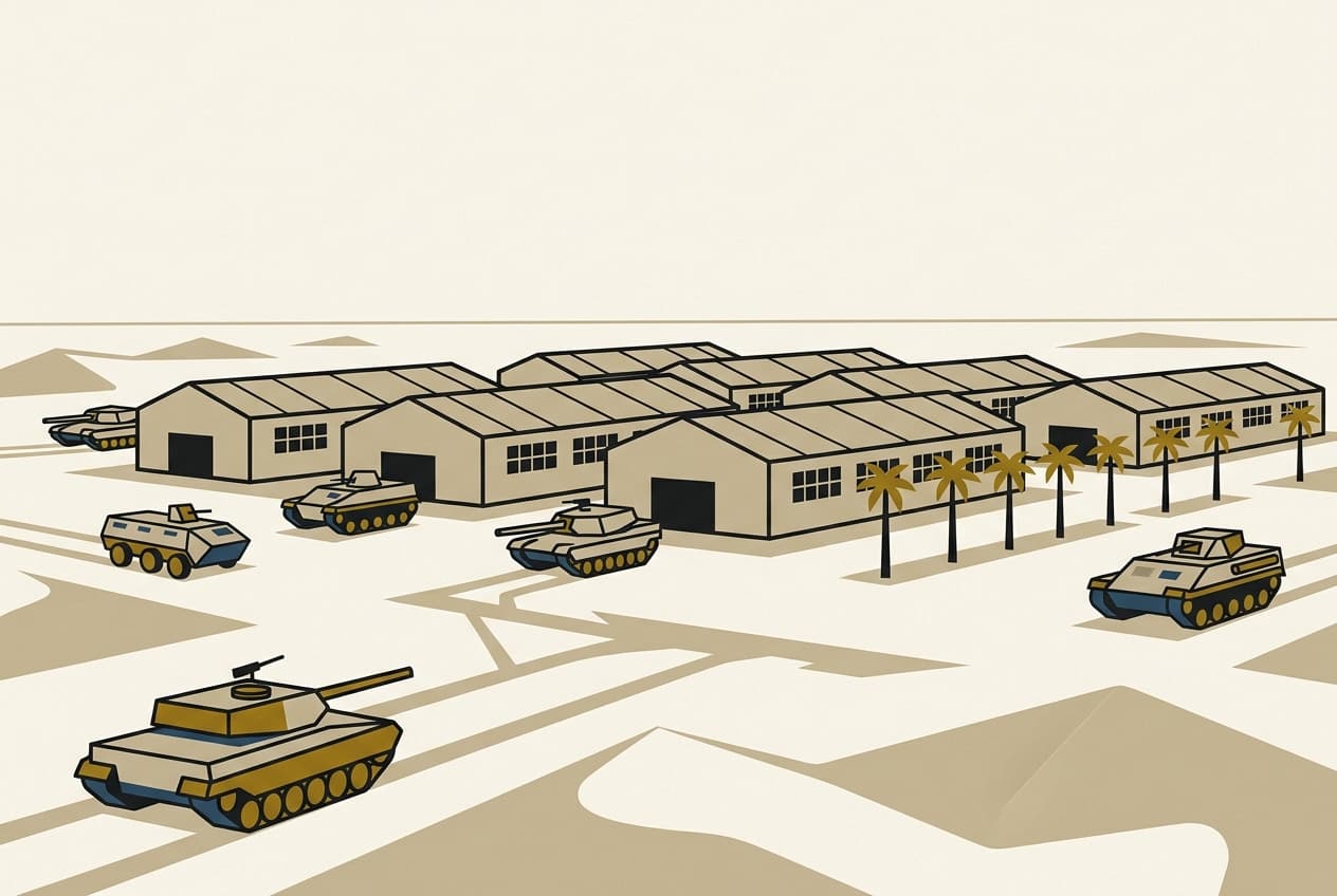Illustration : Casernes militaires, paysage désertique, véhicules armés, avant-poste désertique
