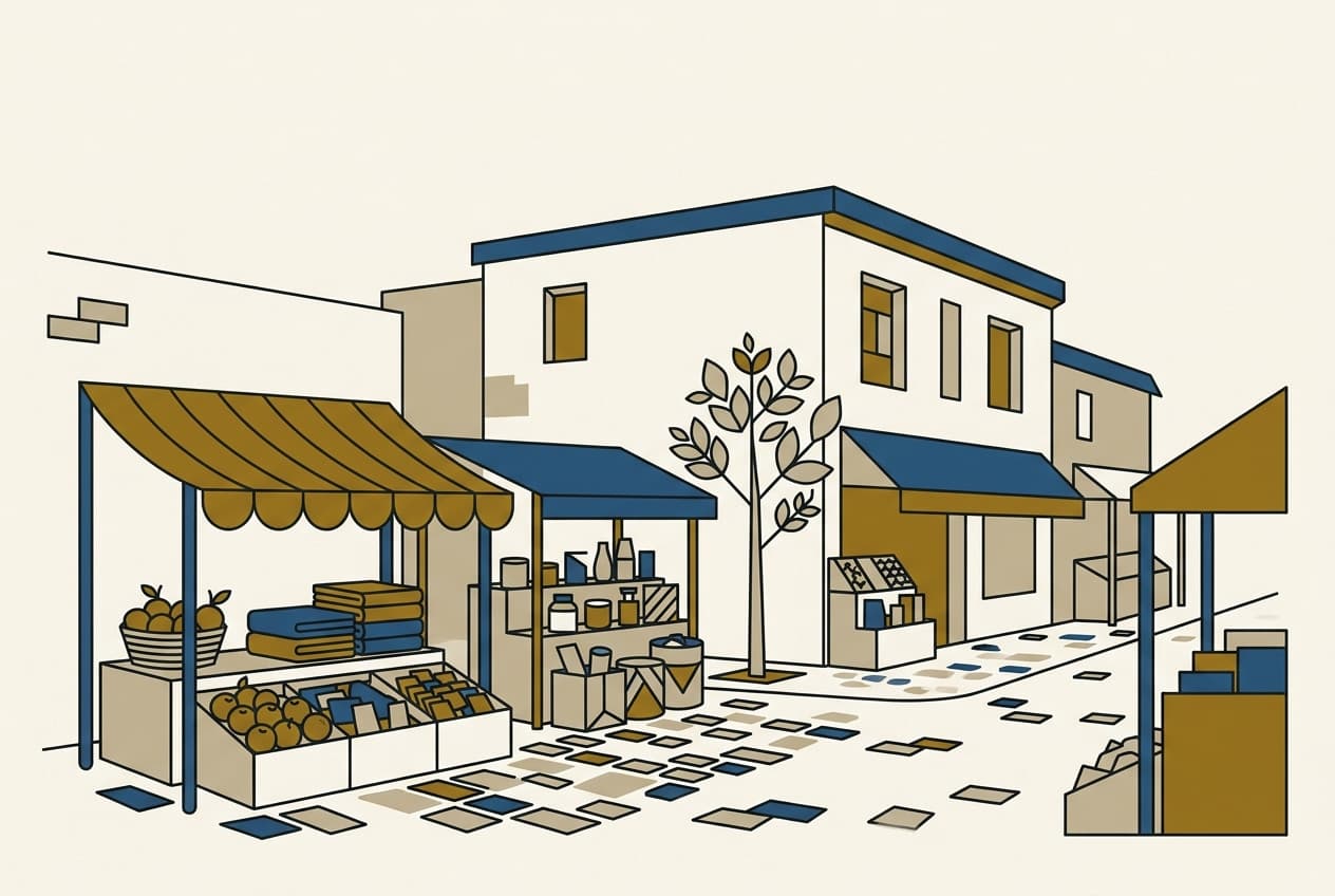 Marché, rue, bâtiment, étal, marchandises