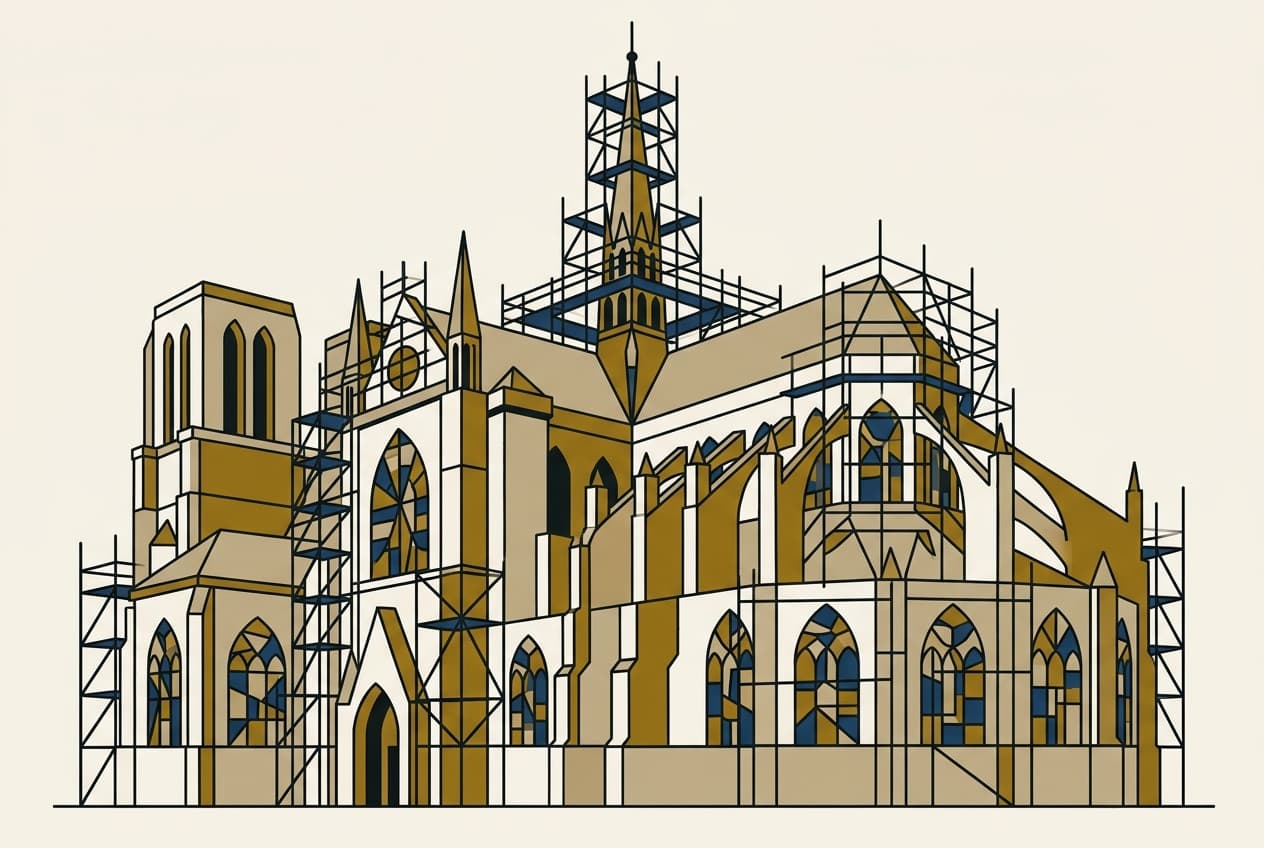 Planche d'illustration : cathédrale, restauration, échafaudage, fenêtres