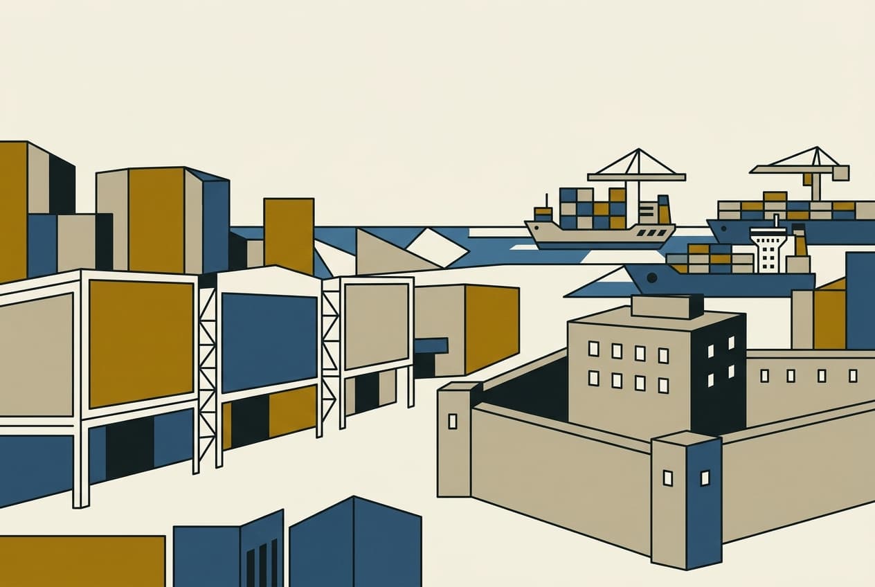 Illustration : Foire commerciale, port, prison, bâtiment
