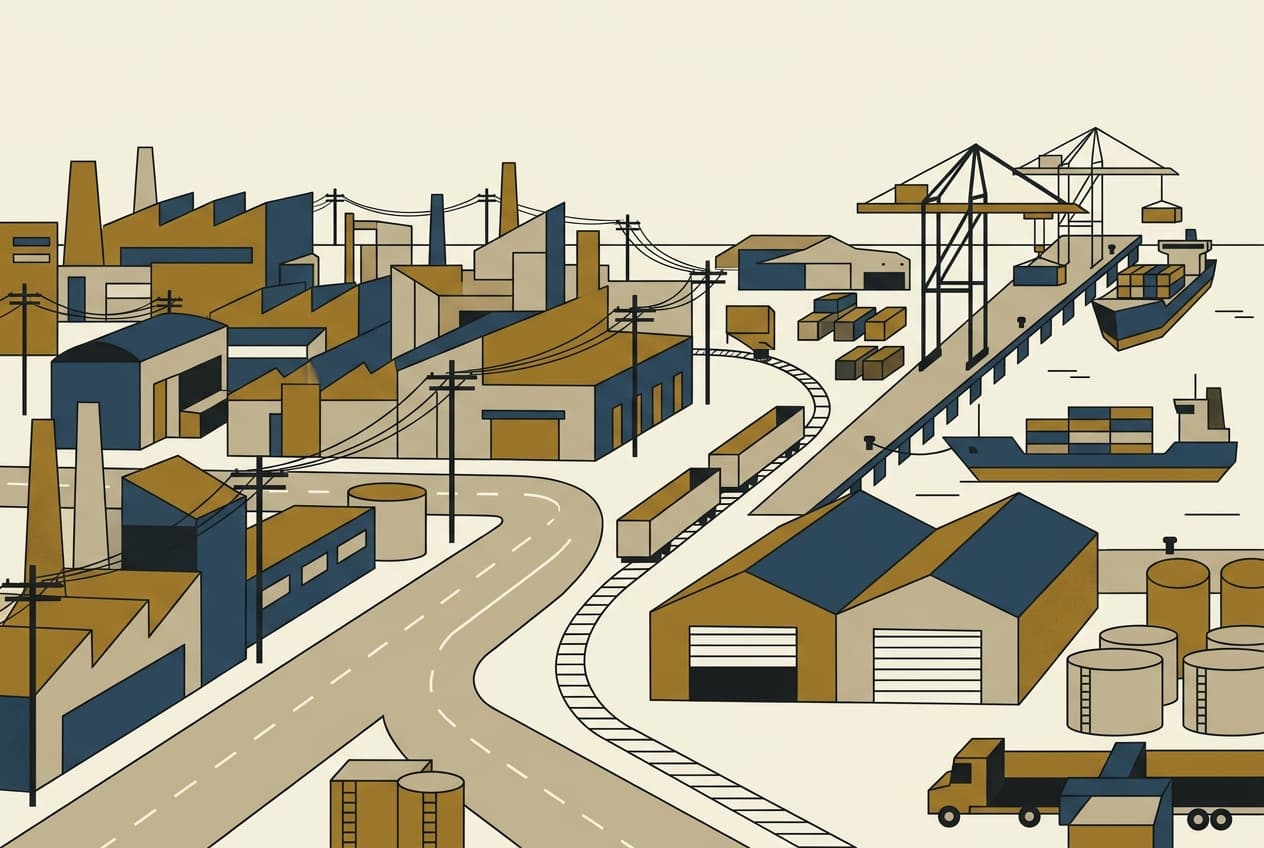 Planche d'illustration : zone industrielle, bâtiments, infrastructure, route, port
