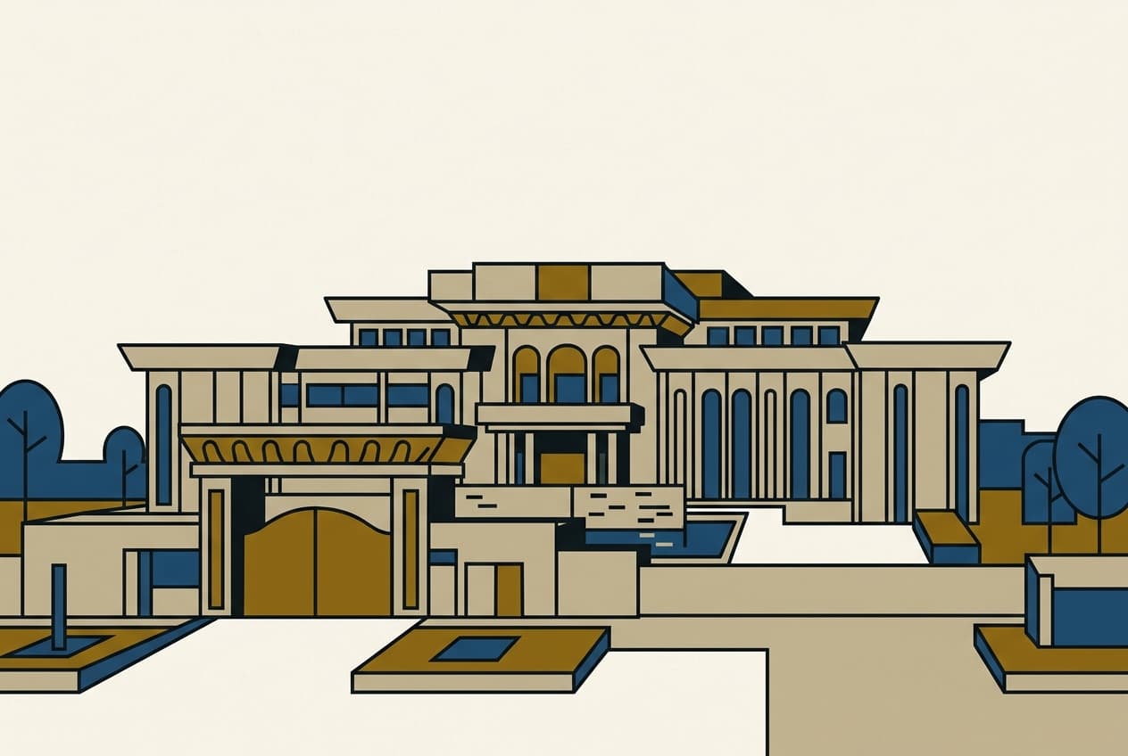 Illustration plate : Le Palais Présidentiel de Libreville, majestueux. Autour de lui, un maelström de symboles numériques et de lignes de code s'agite, mais ne semble pas l'atteindre. Une aura de sérénité entoure le bâtiment, contrastant avec l'agitation extérieure.