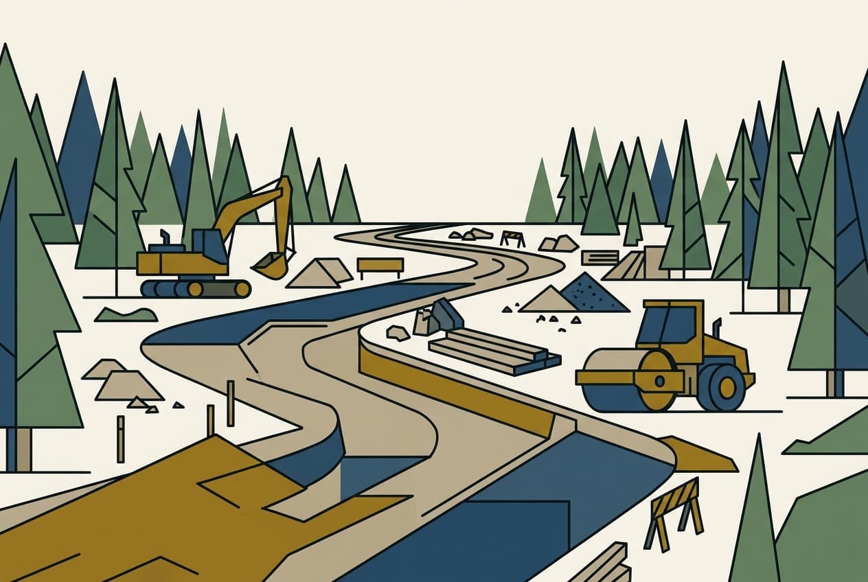 Illustration plate : Un chantier routier traversant une dense forêt tropicale.