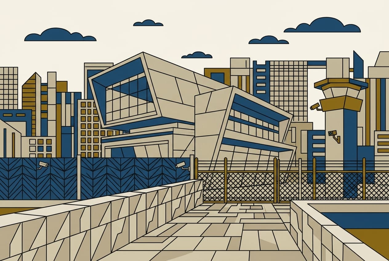 Flat illustration of a modern building with security features, situated in a city.